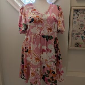 Pink floral shirt sleeves mini dress